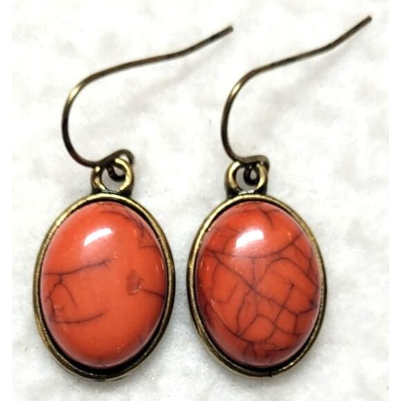 Natural Stone Agate Red Orange Oval Silvertone Earrings Western Boho Rustic - Picture 1 of 5